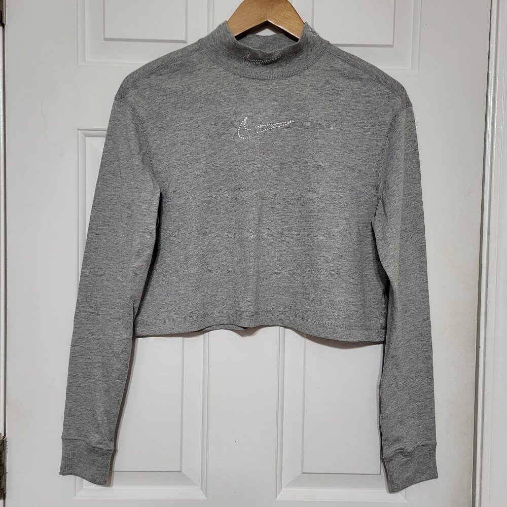 Nike Gray Rhinestone Embellished Logo Mock Neck Long Sleeve Crop Shirt